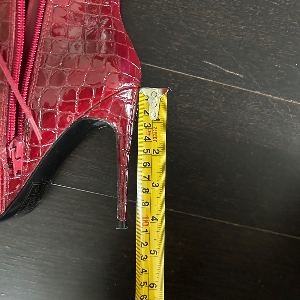 Burgundy Croc-Embossed Lace-Up Pointed Stiletto Booties - Picture 6 of 6